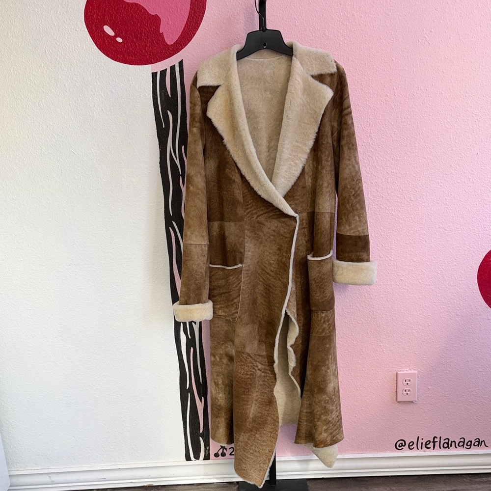 DKNY Pure Brown Cream Italian Lamb Skin Shearling Lined Long Coat Size Large